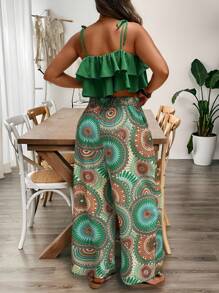 SHEIN LUNE 2 piezas Pantalones holgados con volantes y estampado bohemio colorido para vacaciones para mujeres de talla grande