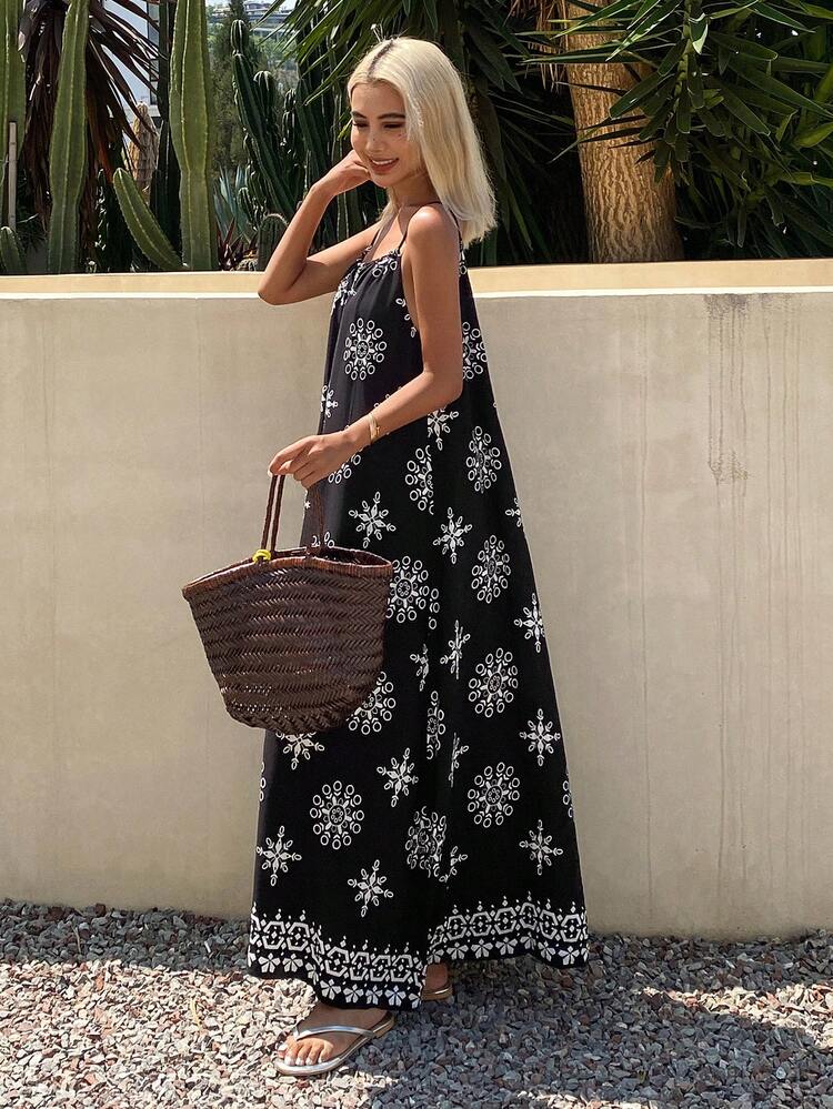 Women Spaghetti Strap Sleeveless Floral Print Casual Mid-Length Dress, Summer Vacation Cruise Outfit For Women Boho