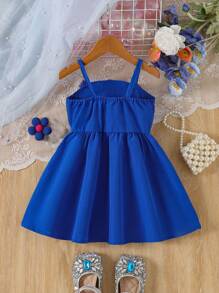 SHEIN Baby Girls Elegant & Sheer Floral Decor Cami Sun Dress With Gathers And Elastic Waist, Lightweight & Soft Fabric, Spring Dress Suitable For Parties And Outings - Blue - View 2