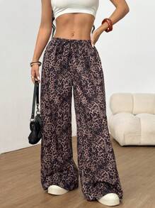 SHEIN EZwear Women's Leopard Print Drawstring Waist Wide Leg Loose Long Pants,Cargo Pants - Multicolor - View 3