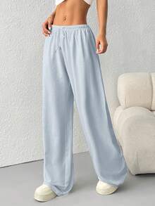 CovetEZ Quần dài thể thao ống rộng cạp chun rút màu trơn đơn giản cho nữ - Màu xanh nhạt - Xem 3