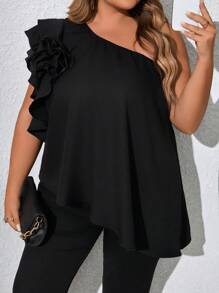 SHEIN CURVE+ 大码女装春夏时尚优雅舒适立体花朵不对称下摆黑色上衣外出上衣