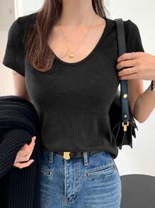 DAZY Women's Solid Color Scoop Neck Short Sleeve Fitted Basic T-Shirt, Brown, Spring/Summer - Black - View 3