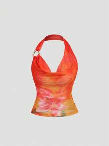 Sweetra 女士夏季海滩度假金属扣装饰V领露背上衣 - 彩色 - 查看 3