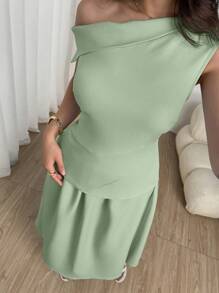 Modelyn 女士两件套纯色斜肩上衣和半裙，优雅 - 綠色 - 查看 3