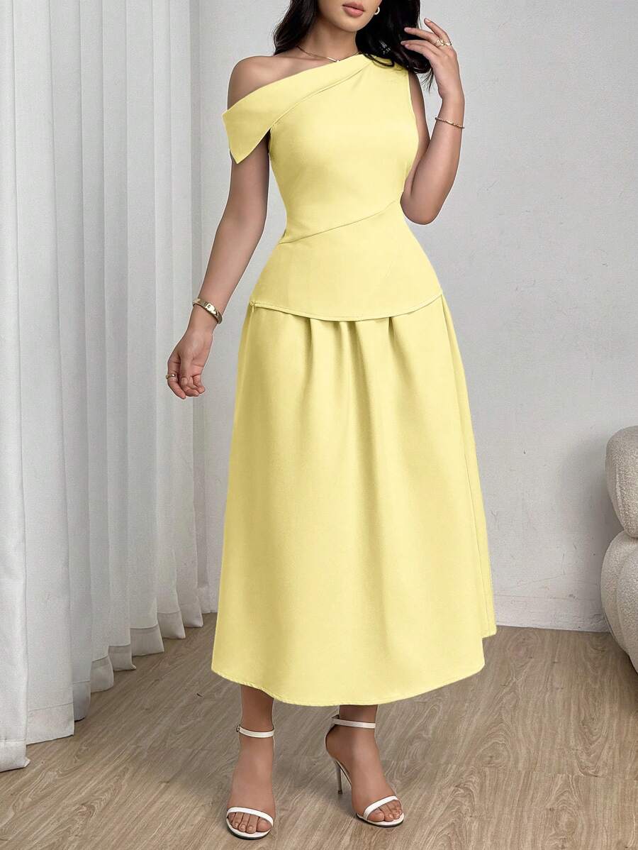 Modelyn 夏季优雅纯色不对称领口上衣和裙子两件套 - 黃色 - 查看 1