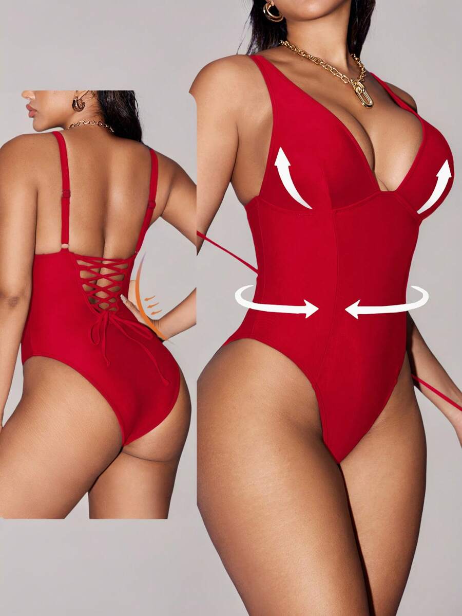 Shapewave Maillot de bain une pièce avec contrôle du ventre et push-up, col en V, panneaux latéraux, couleur marron terre, design élégant et épuré, convient pour les vacances et la plage, printemps/été