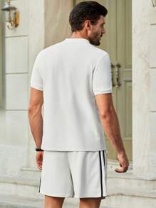 Manfinity VCAY Bộ áo thun polo tay ngắn bó sát có dây buộc trang trí bằng vải dệt kim gân 2 món dành cho nam - trắng - Xem 3