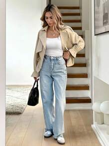 Easowa 女士休闲短款风衣 女士春季服装 女士商务休闲装 女士春季服装 女士商务休闲装 女士办公室服装 秋冬复古风格 - 卡其色 - 查看 2