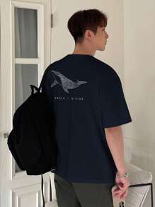 DAZY Men's Summer Letter & Line Drawing Whale Print Short Sleeve T-Shirt - Navy Blue - View 3
