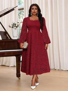 SHEIN Lady 大码优雅派对纯色纹理喇叭袖鱼尾连衣裙新年假期服装优雅派对粉色情人节正式女士连衣裙蕾丝连衣裙粉色女士连衣裙夏季女士连衣裙 - 酒紅色 - 查看 6