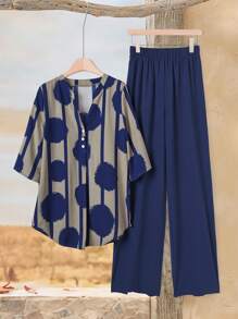 Rusticease Casual Daily Wear Notched Neck Short Sleeve Top And Elastic Waist Long Pants Women's Summer Clothes European Summer Streetwear Women Country Outfits Women Country Concert Outfit Women Clothes Streetwear Women Streetwear Women  European Summer Women's Summer Clothes - Navy Blue - View 4