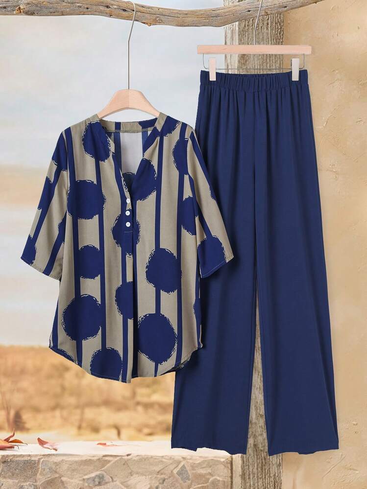 Rusticease Top de Manga Curta com Decote Estepe e Calça Longa com Cintura Elástica para Uso Casual Diário - Azul Marinho - Visão 4