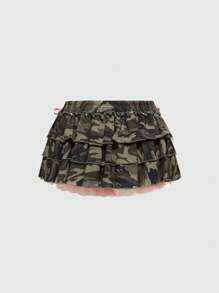 ROMWE J-Fashion 女式迷彩印花蕾丝花边荷叶边裙裤 - 軍綠色 - 查看 2