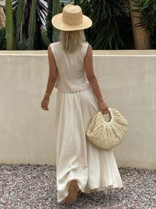 DAZY 2件套女士纯色无袖单排扣背心和半裙套装，春夏款 - 卡其色 - 查看 4