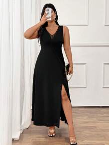 Cravure Plus Size Black Sleeveless V-Neck Maxi Dress With Hollow Design, Simple Elegant Office/Party Wear, Versatile & Comfortable, Spring/Summer/Autumn - Black - View 5