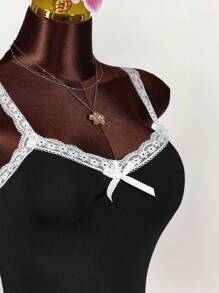 Amplova 2 Stücke/Set Farbblock Spitzen-Patchwork-Top mit Schleifendekor und Mini-Shorts mit Bundfalte - Schwarz - Übersicht 6