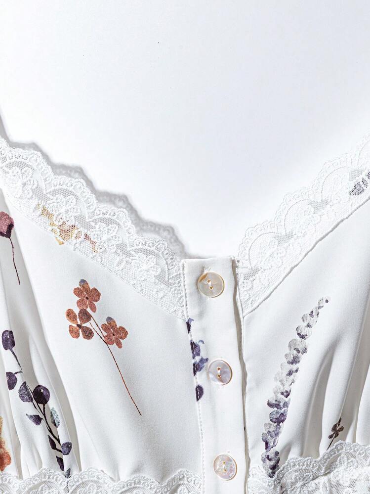 SHEIN VCAY 大码女式夏季白色花朵印花蕾丝花边吊带背心，娃娃装上衣 - 白色 - 查看 4