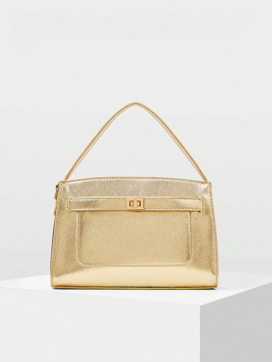 MOTF PREMIUM PU 皮革转锁顶部提手包，适合通勤 - 金色 - 查看 2