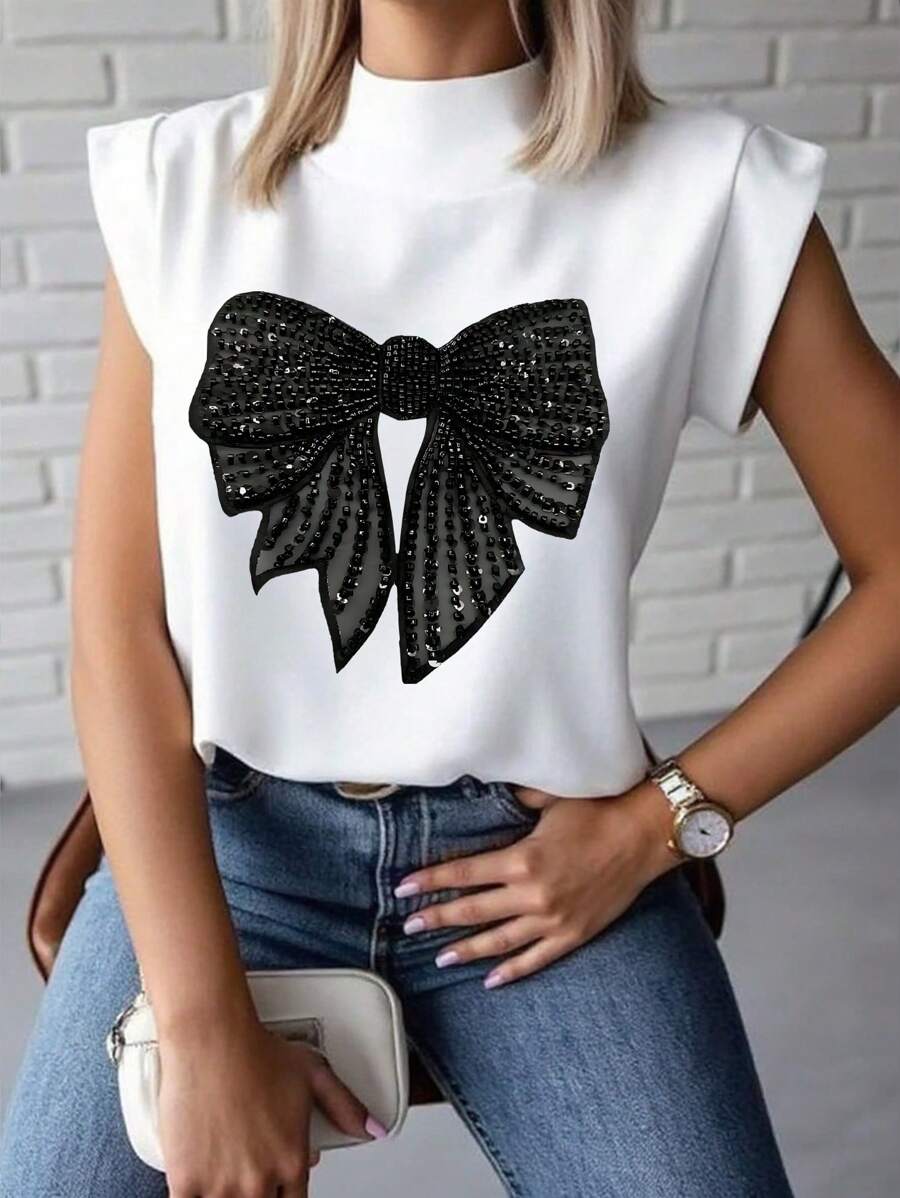 INAWLY Women's Bow Decor Stand Collar Short Sleeve Fashion T-Shirt - White - View 1