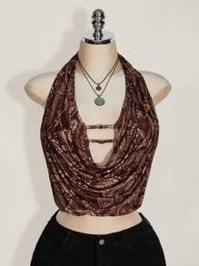 SHEIN ICON 加大码女士复古佩斯利花纹吊带露背上衣，Y2K复古露背款，夜店性感风 - 棕色 - 查看 5