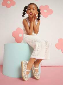 Mini mi Alpargatas blancas de estilo bohemio para niñas inspiradas en #CC, con tiras de lazo, encaje de perlas y yute, ideales para el parque de juegos y la escapada a la playa - Blanco - Ver 3
