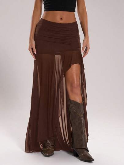 SHEIN BAE 女士纯色褶皱网眼侧开衩 A 字裙