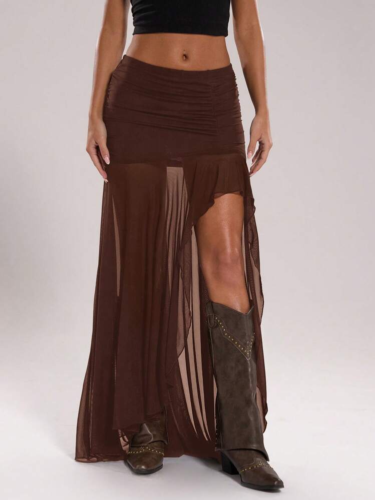 SHEIN BAE Gonna a-line da donna a vita alta con spacchi laterali in rete plissettata e tinta unita - Caffè Marrone - Visualizzare 1