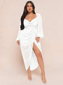 SHEIN BAE Plus Size Women's Elegant Party Date Sexy Glitter Sequins Draped Neck Ruched Asymmetrical Hem Slit Dress With Long Sleeve, Olive Green - White - View 5