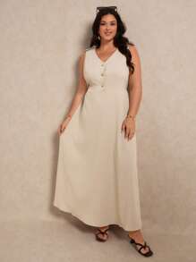 Elaquor 大码V领时尚休闲日常度假通勤太阳裙，2025年新品 - 杏色 - 查看 3