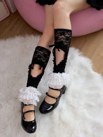 Kawaii 1 Pair Charming Heart Drawstring Hollow Lace Mid-Calf Socks, Vintage Sweet Multi-Layer Ruffle Socks, Palace Style Jacquard Ladies Socks