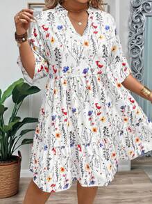 EMERY ROSE Plus Size Women's Summer Branch Floral V-Neck Dolman Dress With Ruffle Hem, Loose Fit - White - View 5