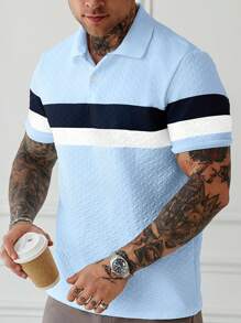 Manfinity Homme Men's Contrast Color Striped Casual Patchwork Textured Short Sleeve Polo Shirt Light Blue Polo Shirt Men Men Light Blue Shirt Men Textured Polo Shirt,Men Textured Polo