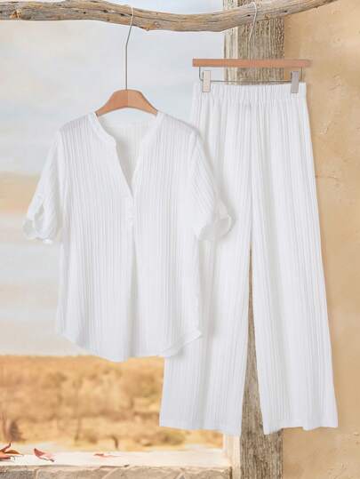 Rusticease Ensemble décontracté de Top à encolure échancrée rayé et de pantalon ample à taille élastique
