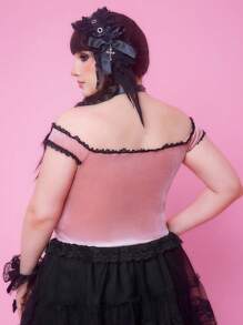 ROMWE Kawaii Camicia da donna di stile gotico vintage con bordo in pizzo a contrasto, stile palazzo, croce in velluto, taglie comode - nero - Visualizzare 6