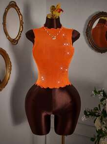 Amplova Women's Rhinestone Floral Frayed Edge Mesh Camisole - Burnt Orange - View 6