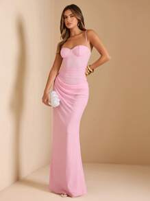 SHEIN BAE 女士蕾丝网眼拼布吊带连衣裙，适合毕业派对、婚礼宾客、约会、宴会、派对、朋友聚会、夏季 - 粉色 - 查看 3