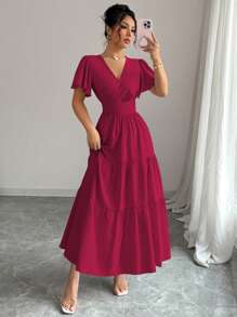Elenzga Spring/Summer 2025 New Elegant French Style Waist Cinching Slim Fit Purple Short Sleeve Dress - Burgundy - View 6