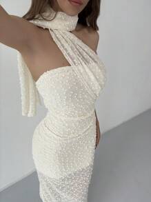 Aloruh Elegant Scarf Drape Neck Sleeveless Asymmetrical Neck Ruched Decor Bodycon Dress - Apricot - View 1