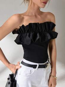 Solid Y2k Cotton Ruffle Trim Tube Top - Black - View 2