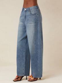 SHEIN Unity 春季筒形裤中长洗水泡泡牛仔裤夏季节日超大宽松休闲日常街头潮流长裤女式牛仔裤 - 深色水洗藍 - 查看 5