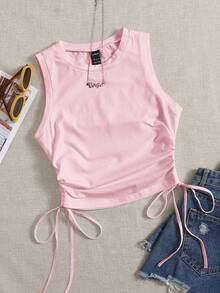 SHEIN EZwear Atasan Tank Top Rajut Kasual Wanita Ukuran Plus, Leher Bulat, Tali Serut Samping, Warna Pink, Cocok untuk Acara Keluar Rumah - Berwarna merah muda - View 3