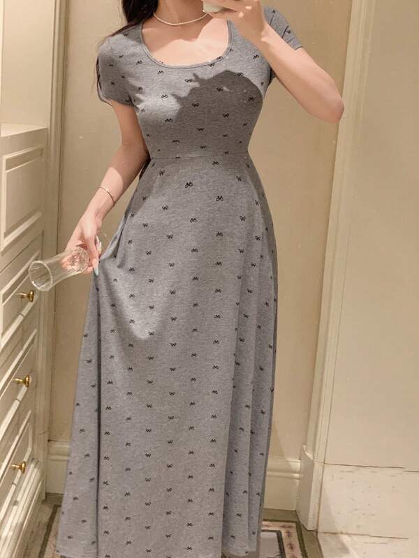 DAZY Butterfly Print Fitted Short Sleeve Women Home Dress Pajama