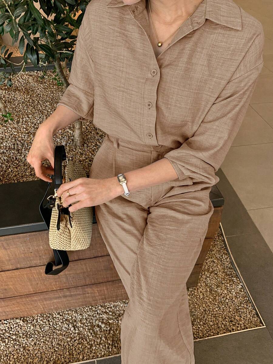 DAZY 女士优雅衬衫上衣和休闲裤两件套,秋季女装家居服套装 - 卡其色 - 查看 1