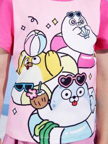 SEALOOK X SHEIN Áo thun tay ngắn in hình chú hải cẩu dễ thương cho bé gái, trang phục thường ngày cho kỳ nghỉ hè, màu hồng và xanh - Nhiều màu - Xem 6