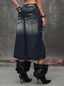 ROMWE Grunge Punk Low Rise Distressed Wash Super Loose Street Style Cropped Jeans - Blue - View 3