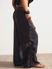 Bohemela Women Relaxed Fit Woven Solid Color Wide Leg Washed Pants Lace Up Pants Tie Pants Gauze Pants Boho Pants Wide Leg Pants - Black - View 6