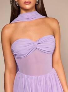 Glamine Mesh Patchwork Twist Crop Top Dress - Purple - View 6
