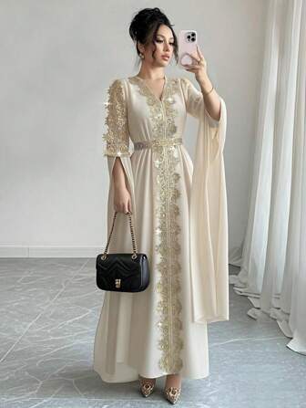 Rafferiza 中东风格女式拼布超长袖阿巴雅长袍，纯色蕾丝下摆长袍