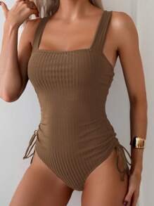 SHEIN Swim 1 pieza Traje de baño de una sola pieza con cuello cuadrado acanalado y unicolor para mujer - Marrón - Ver 4